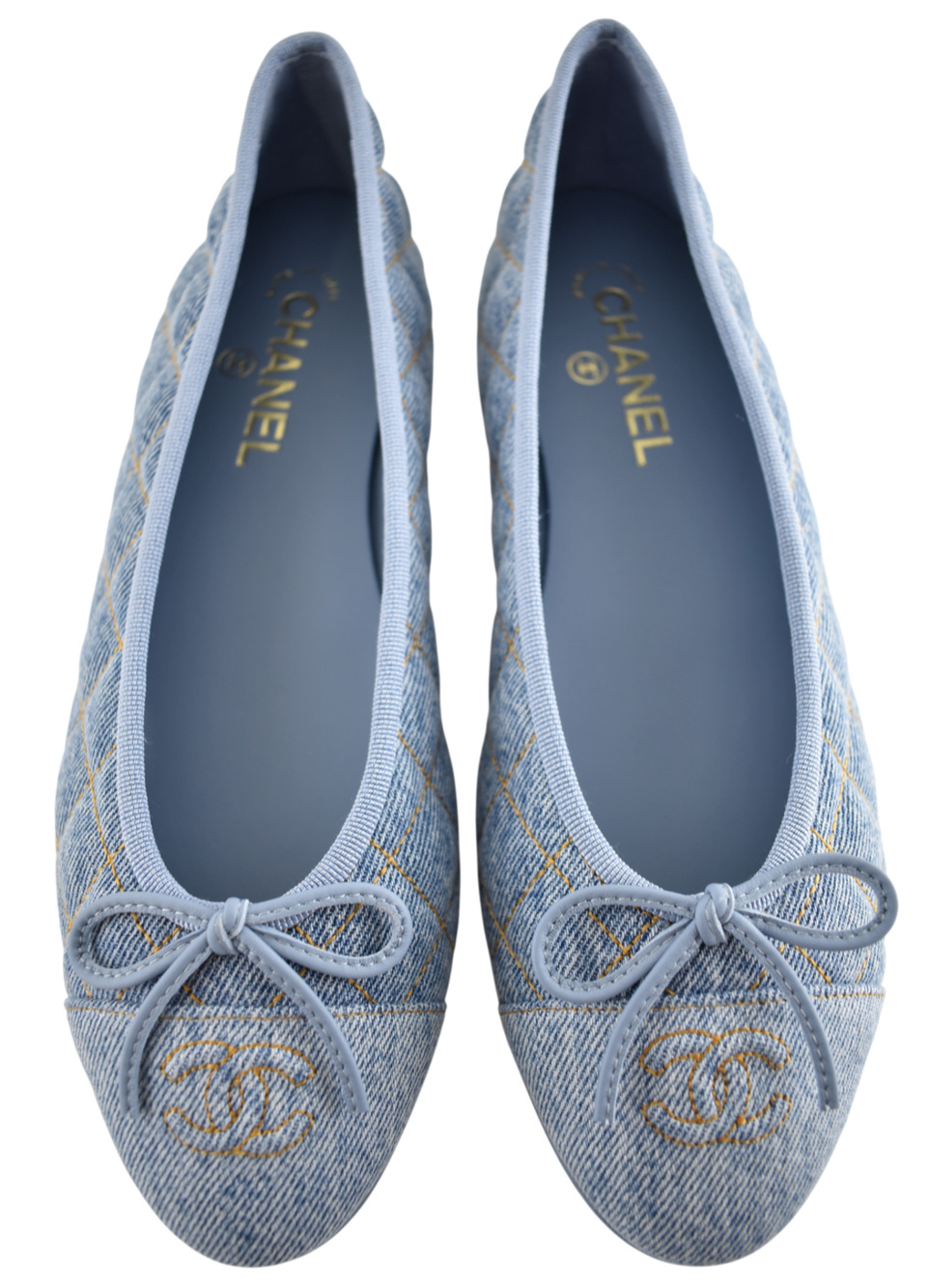 Chanel 26B Light Blue Denim Quilted CC Logo Bow Tie Ballet Ballerina Flat 37